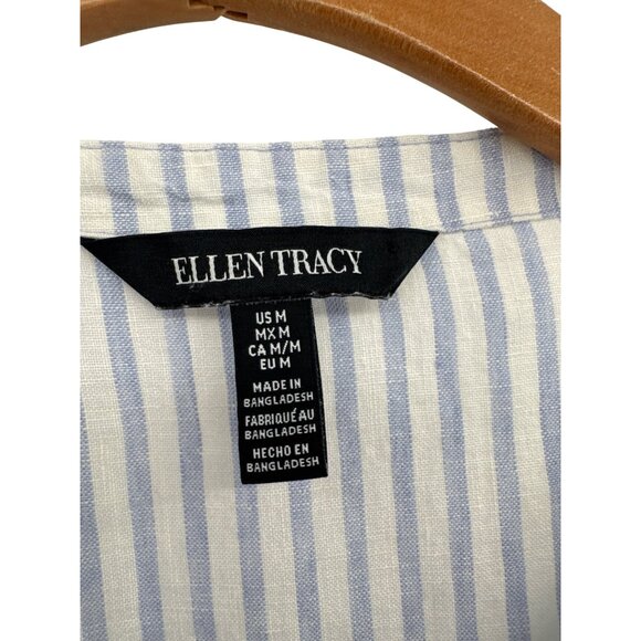 Ellen Tracy linen top shirt size medium Womens Blue Striped 3/4 roll tab Sleeve - Picture 5 of 5